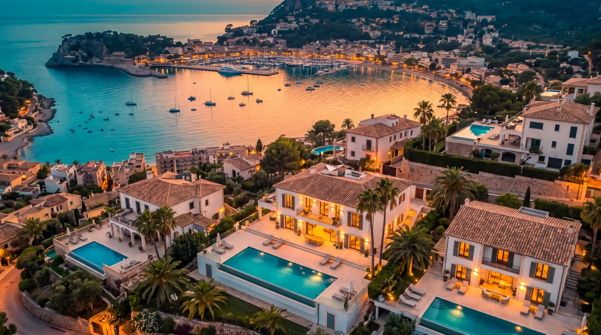 Mallorca marina at dusk — villas with pools above a bay of moored sailing boats